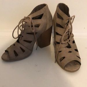 Suede lace etched heels